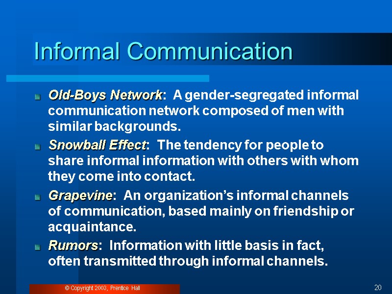 © Copyright 2003, Prentice Hall 20 Informal Communication Old-Boys Network:  A gender-segregated informal